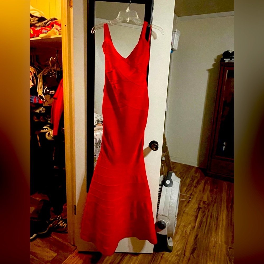 Red full length bandage dress